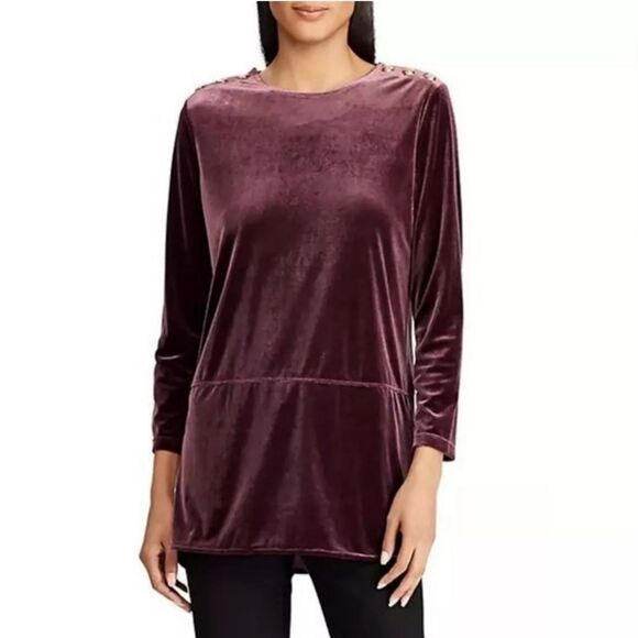 Lauren Ralph Lauren Velvet Peplum Tunic Blouse Women's Large Mauve Pink Buttons - Picture 1 of 13